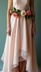 Floral garland wrapped around flowy skirt with subtle high-low hem , feminine, delicate, minimalist