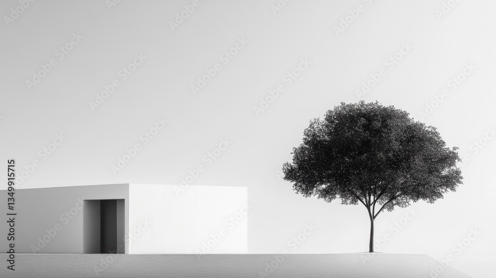 Poster Minimalist monochrome image of a modern building and a tree.