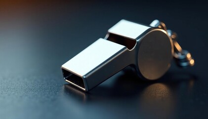 Silver metal whistle, gleaming surface, close-up , close-up, blowing, isolated