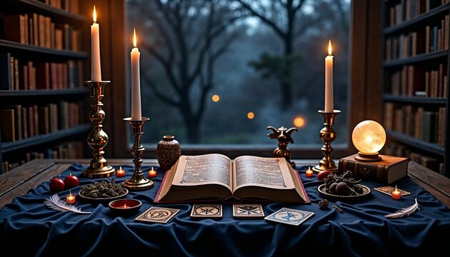 Mystical isoteric scene with an open book, tarot cards, candles, and a crystal ball on a dark velvet-covered table
