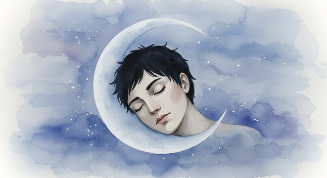 Watercolor Moon Cradling a Dreamer in a Celestial Night Sky of Stars and Clouds.