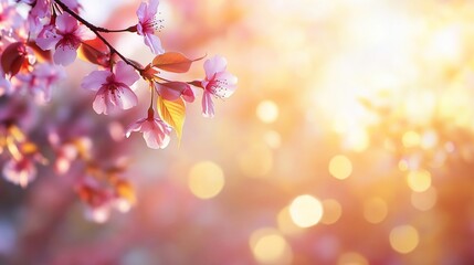 Fototapeta premium Delicate pink cherry blossoms bathed in golden sunlight with bokeh effect