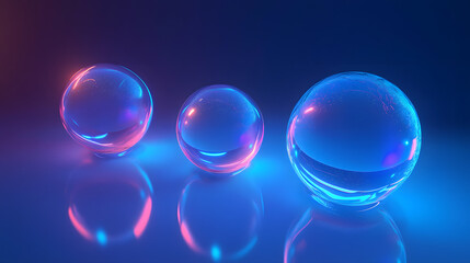 Glowing Orb Trio: A mesmerizing display of three luminous glass spheres, their surfaces reflecting the soft interplay of pink and blue light, inviting a sense of wonder and futuristic aesthetics.