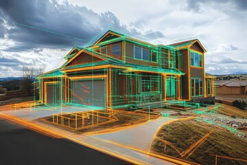 Modern house with digital overlay showcasing architectural design and landscaping details