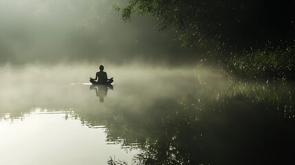 A person is sitting in a boat on a lake, surrounded by fog