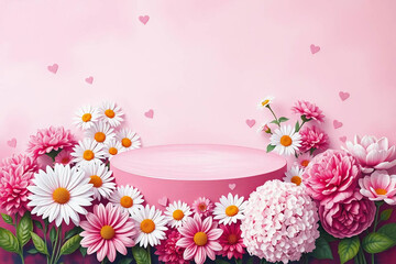 Round empty podium on a soft pastel background, surrounded by flowers,hearts. Perfect for Mother's Day, Women's day, March 8,Easter promotions. Podium for product presentation and demonstration
