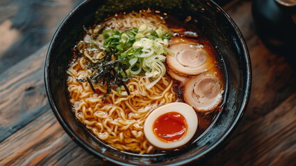 Japan ramen noodle with green spring onion, barbecue pork slice, half egg served in a black bowl placed on a wooden table, top view