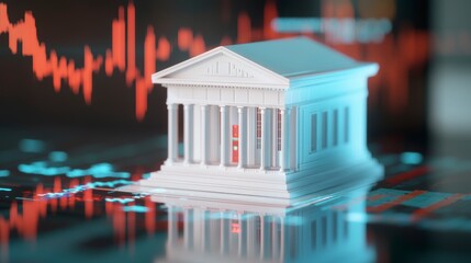 White bank model on a digital screen showing stock market decline.