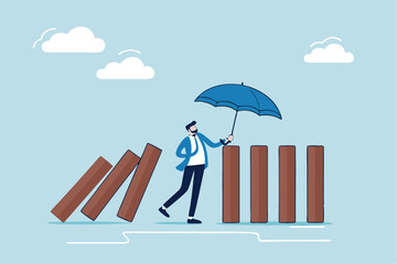 Obraz premium Control risk in investment crisis, failure prevention, stop domino effect, protection or solution to solve problem, stop uncertainty or insurance concept, businessman stop domino collapsing despair.