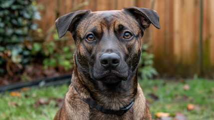 Obraz premium Charming dog sitting and looking at the camera with its front paws raised in a lush backyard, showcasing its playful nature and affectionate spirit.