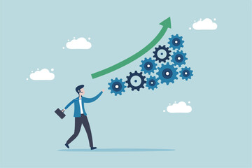 Growing efficiency, process improvement, increase development or productivity, working process, innovation or strategy for work efficiency concept, businessman work with laptop on increase efficiency.