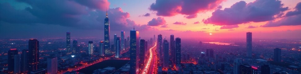 Futuristic cityscape with sleek skyscrapers and neon lights at dusk, dusk, tech, city