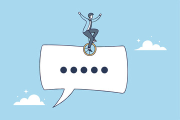 Communicate to success, talking or discussion, advice message dialogue, announcement speech bubble, business conversation or consultation concept, businessman acrobat on message speech bubble.