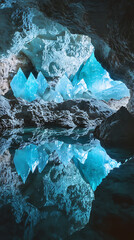 An underground cave with giant glowing blue crystals