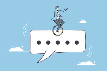 Communicate to success, talking or discussion, advice message dialogue, announcement speech bubble, business conversation or consultation concept, businessman acrobat on message speech bubble.