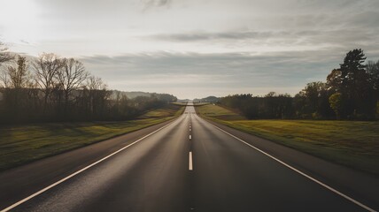 Fototapeta premium An expansive empty highway lined with trees on both sides of it
