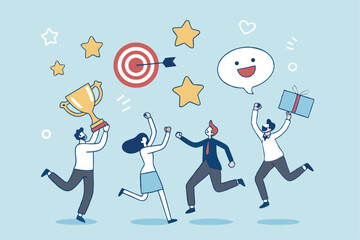 Employee engagement, work satisfaction or happiness, company commitment or employee appreciation, wellbeing or inclusive concept, happy business people employees jump with work engagement elements.