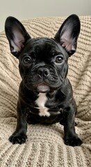 Fototapeta premium Adorable French Bulldog Puppy Sitting on a Cozy Blanket – Cute Indoor Pet Portrait