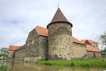 Fototapeta premium The medieval Castle Švihov in the Czech Republic stands under an overcast sky, its historic walls and moat blending with the misty, cloudy atmosphere of the countryside.