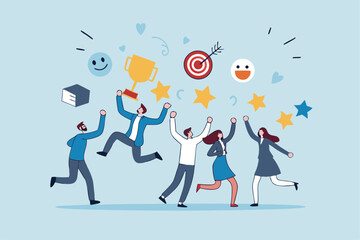 Employee engagement, work satisfaction or happiness, company commitment or employee appreciation, wellbeing or inclusive concept, happy business people employees jump with work engagement elements.