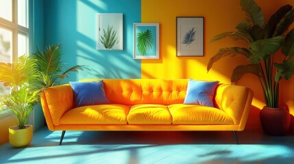 Vibrant living room with colorful walls, couch, plants, and bright natural light