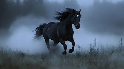 Obraz premium Mystical Night Rider: A majestic black horse gallops through an ethereal, misty landscape under the cloak of night, its eyes gleaming with an otherworldly light.