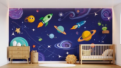 Space theme. Creative and bright eco design of a children's room. Bright fantasy wallpaper on the wall of baby room.