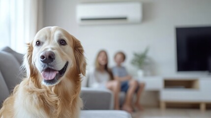 Happy golden retriever enjoys a cool atmosphere with family in a cozy living room