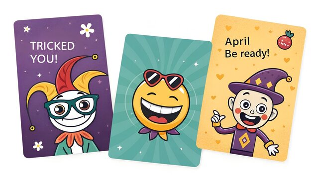 A colorful set of April Fools' Day joke cards featuring funny cartoon characters: a mischievous jester winking, a grinning emoji with sunglasses, a sneaky cat with a smirk, and a laughing clown.  - Powered by Adobe
