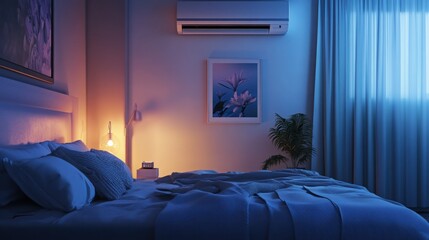 Relaxing bedroom atmosphere with cool air conditioning and soothing lighting at night