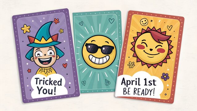 A colorful set of April Fools' Day joke cards featuring funny cartoon characters: a mischievous jester winking, a grinning emoji with sunglasses, a sneaky cat with a smirk, and a laughing clown. 