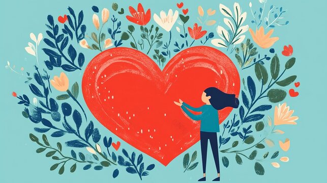 Visual representation of love and care promoting a healthy heart surrounded by flowers and foliage