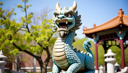 Fototapeta premium Chinese dragon statue displaying strength in a traditional garden, symbolism