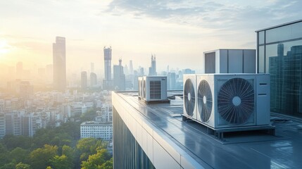 Air conditioners on a rooftop during sunset in a bustling city landscape