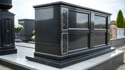 Elegant black granite mausoleum against a serene cemetery background  