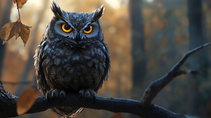 Owl perched autumn forest branch, sunset background, Halloween