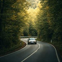 Obraz premium Car driving on winding road through forest, green and gray, road trip travel concept