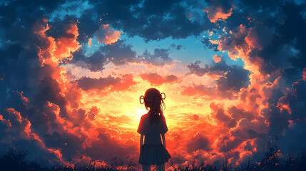 Girl silhouetted against vibrant sunset, fiery cloudscape filling the sky.  Awe-inspiring view