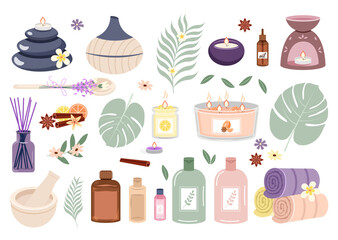 A collection of aromatherapy and spa accessories is isolated on a white background. Massage stones,  scented candles, lavender, aroma diffusers, towels, and essential oil in vector illustration