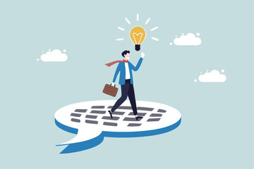 Communication to solve problem, meeting or conversation to success, efficient communicate, important speech or sharing opinion, feedback or discussion concept, businessman on speech bubble with idea.
