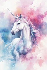 Watercolor illustration of a unicorn in an elegant pose with soft pastel colors perfect for a children's nursery poster
