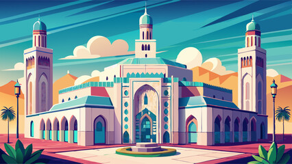 Casablanca, Morocco - Feb 26, 2023: Exterior architecture of the Hassan II Mosque, the largest mosque in Africa