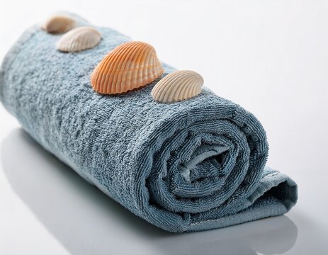 Beach towel rolled up with seashells, white background