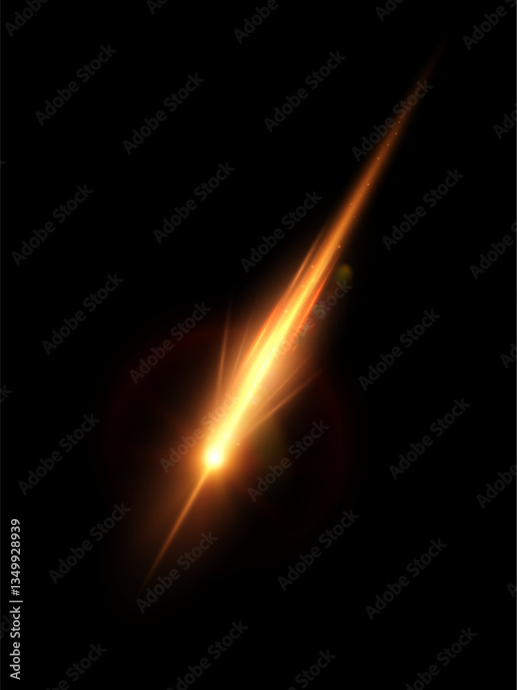 Poster bright glowing trail of comet, asteroid. illustration of glowing trail of fire lines with sparks. ve