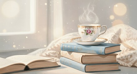 Watercolor Illustration of a Cozy Vintage Teacup on a Stack of Antique Books by a Sunlit Window.