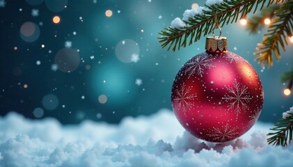 Fototapeta premium Hanging festive glass ball decoration against a winter wonderland background, decorations, winter
