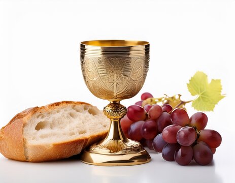Communion chalice with bread and grapes, white background