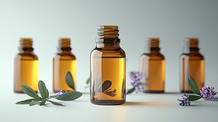 Amber glass bottles with essential oil, sprig of lavender and green leaves