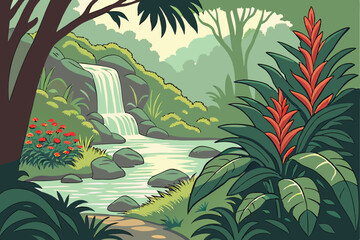 70 Tropical paradise, lush waterfall, vibrant flowers, exotic foliage, colorful bromeliads, cascading water, rocky stream, jungle atmosphere, dappled sunlight, reflective pool, dense vegetation, natur