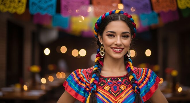 Latina woman in colorful traditional Mexican dress with braided hair and festive decorations at celebration. Hispanic cultural attire for Cinco de Mayo or Day of the Dead festivities. - Powered by Adobe